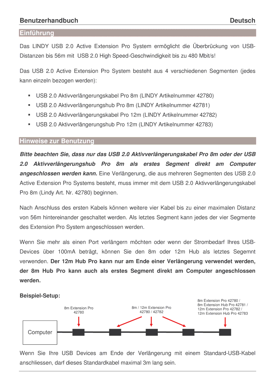 Lindy 42780, 42781, 42782, 42783 user manual Benutzerhandbuch, Einführung, Hinweise zur Benutzung, Beispiel-Setup 