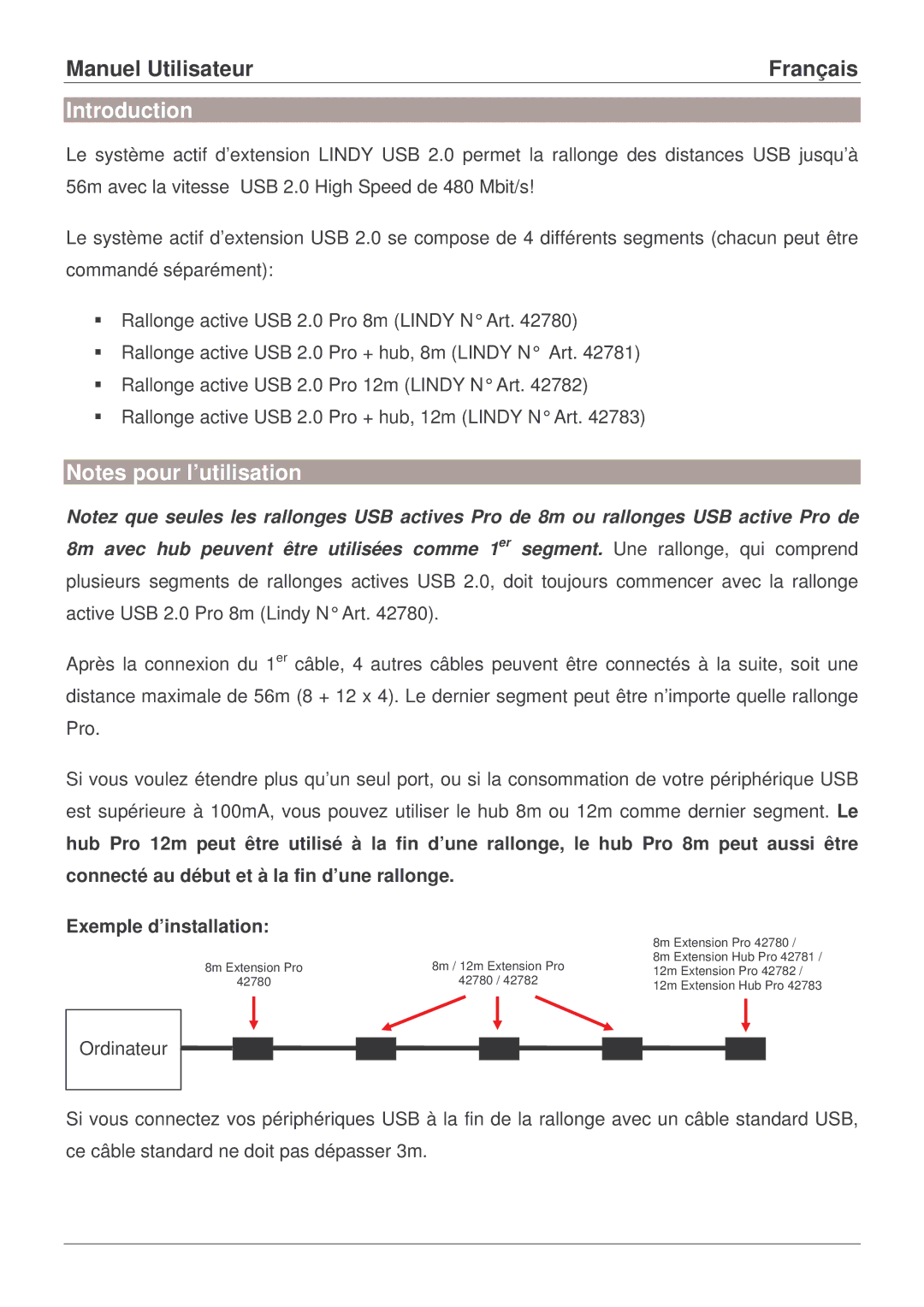 Lindy 42781, 42780, 42782, 42783 user manual Manuel Utilisateur, Exemple d’installation 