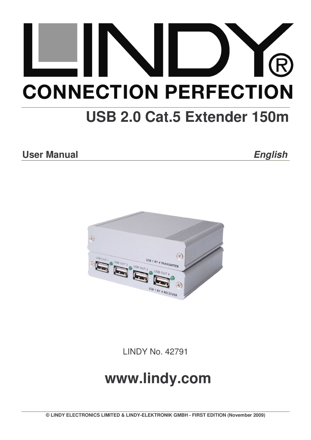 Lindy 42791 user manual USB 2.0 Cat.5 Extender 150m 