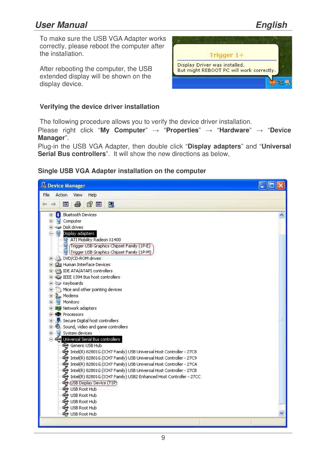 Lindy 42799 user manual Verifying the device driver installation, Single USB VGA Adapter installation on the computer 