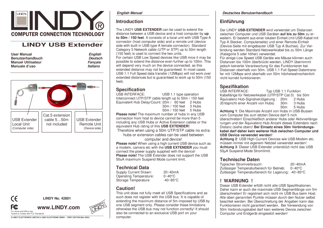 Lindy 42801 user manual Introduction, Specification, Technical Data, Einführung, Spezifikation, Technische Daten 