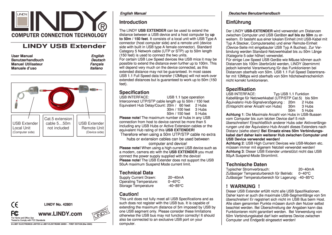 Lindy 42801 user manual Introduction, Specification, Technical Data, Einführung, Spezifikation, Technische Daten, Warnung 