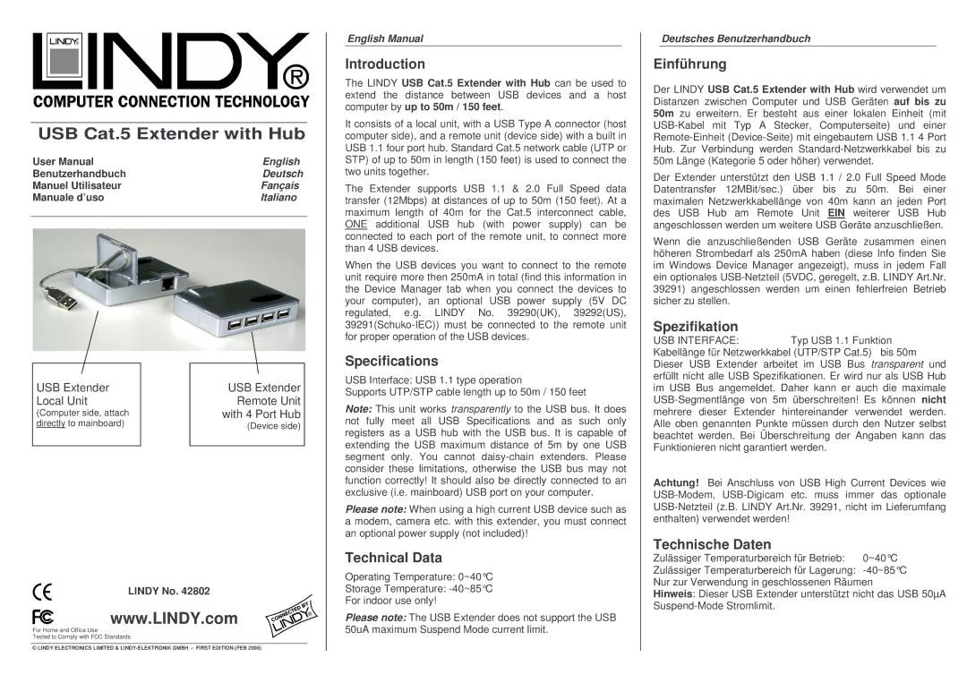 Lindy 42802 specifications Introduction, Specifications, Technical Data, Einführung, Spezifikation, Technische Daten 