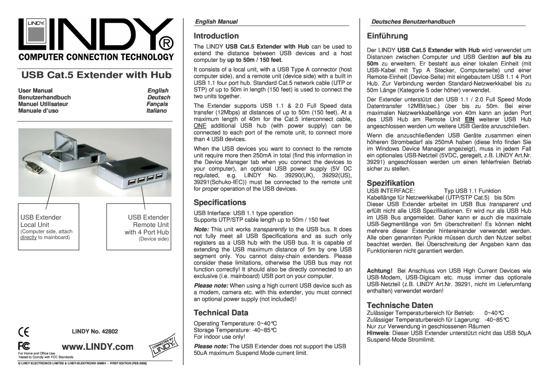 Lindy 42802 specifications Introduction, Specifications, Technical Data, Einführung, Spezifikation, Technische Daten 