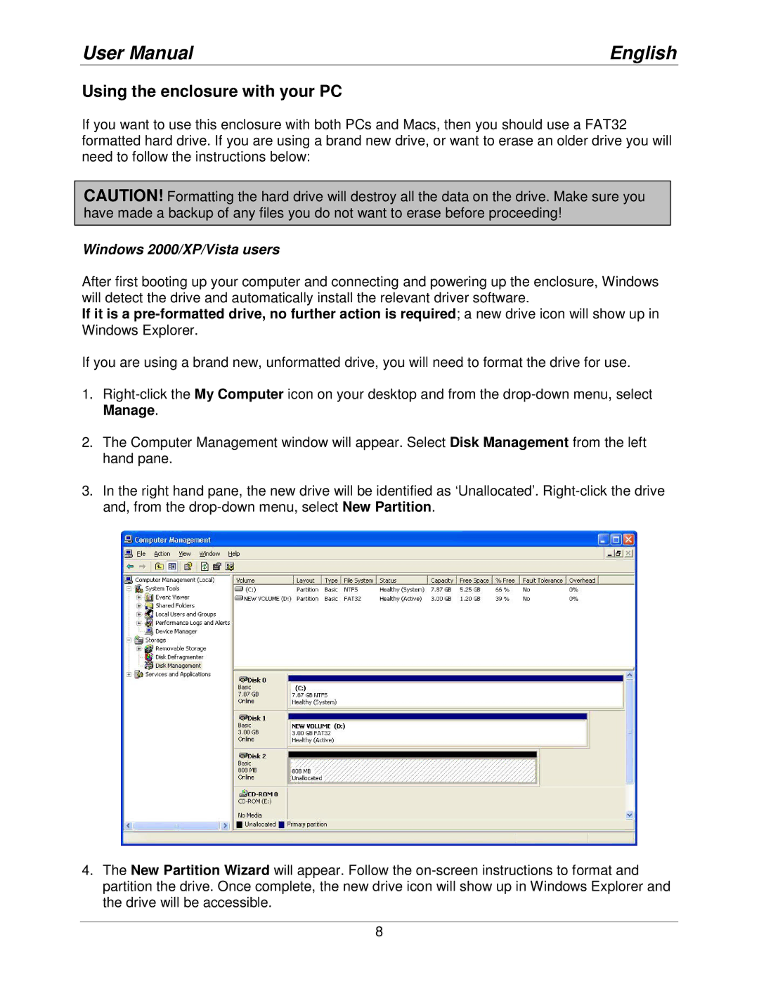 Lindy 42807v0 user manual Using the enclosure with your PC, Windows 2000/XP/Vista users 