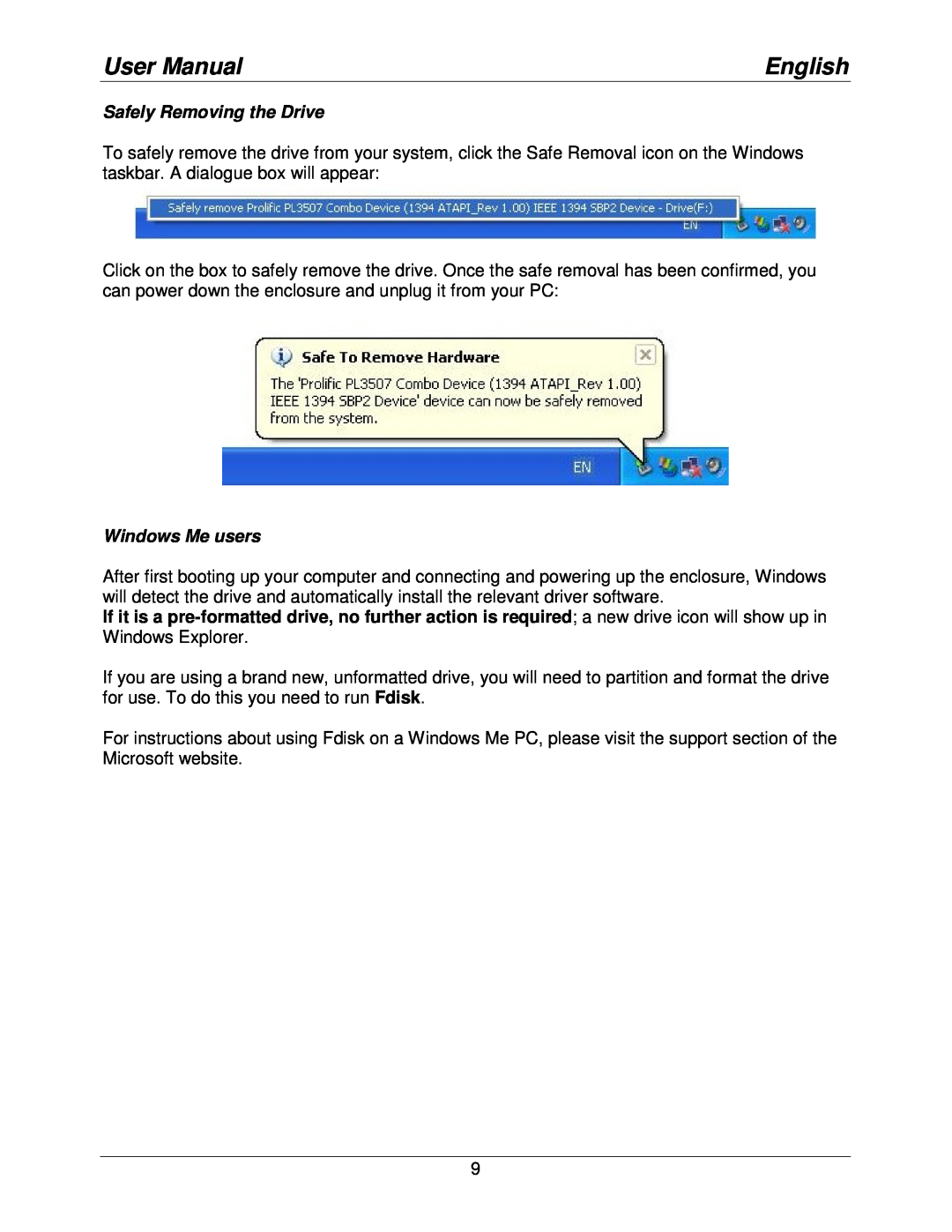 Lindy 42807v0 user manual Safely Removing the Drive, Windows Me users, User Manual, English 