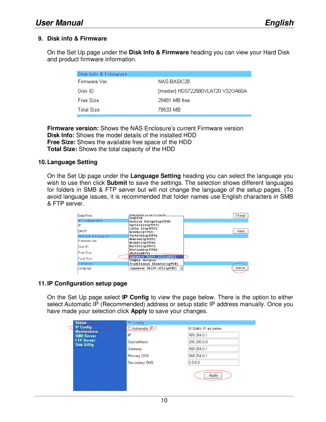 Lindy 42808 user manual Disk info & Firmware, Language Setting, IP Configuration setup 