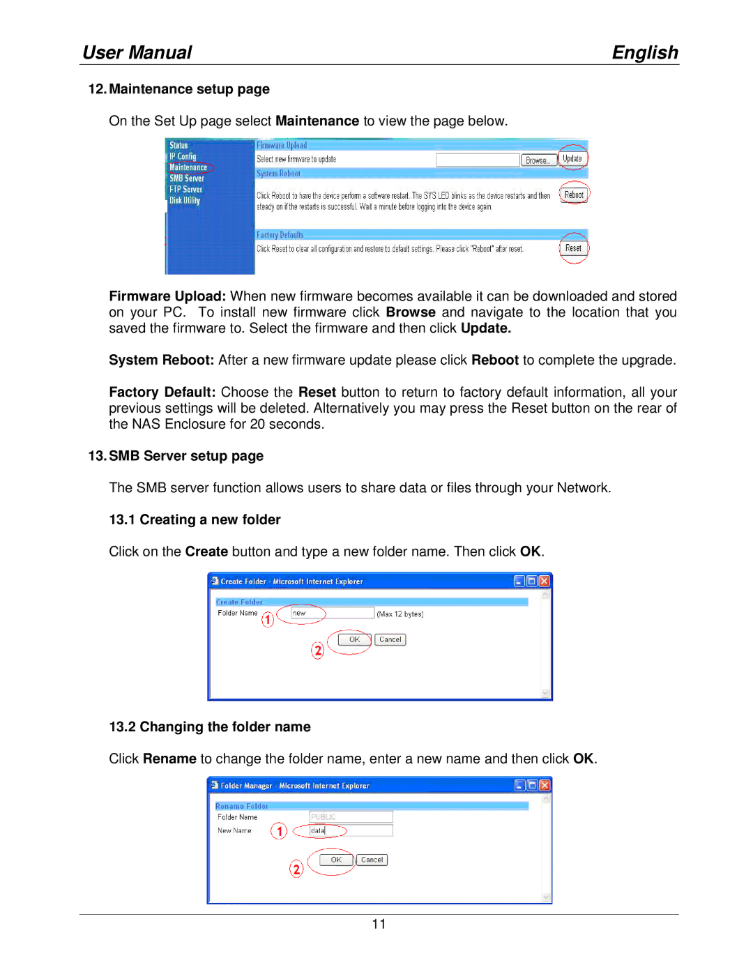 Lindy 42808 user manual Maintenance setup, SMB Server setup, Creating a new folder, Changing the folder name 