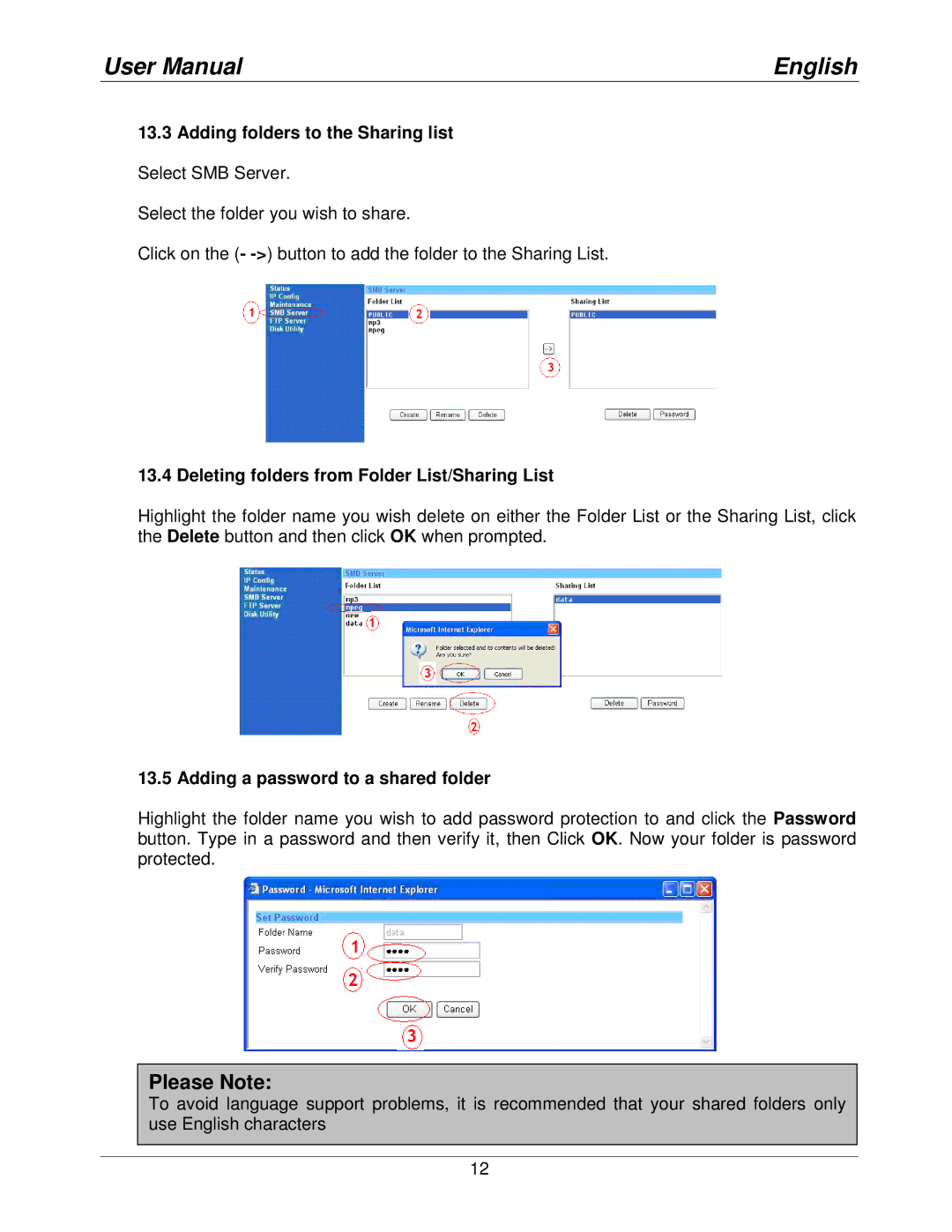 Lindy 42808 user manual Adding folders to the Sharing list, Deleting folders from Folder List/Sharing List 