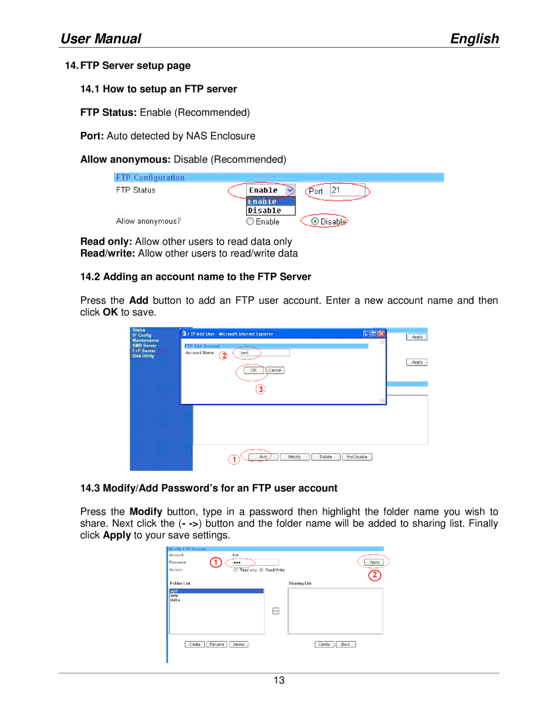 Lindy 42808 user manual FTP Server setup How to setup an FTP server, Adding an account name to the FTP Server 