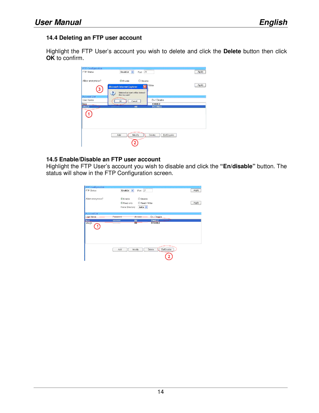 Lindy 42808 user manual Deleting an FTP user account, Enable/Disable an FTP user account 