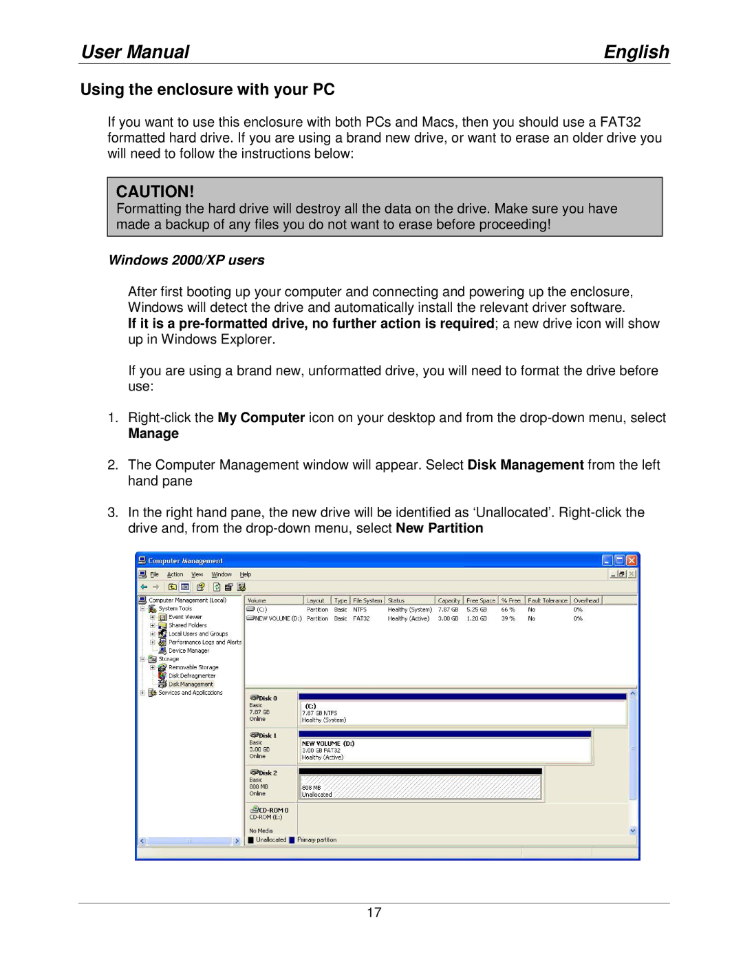 Lindy 42808 user manual Using the enclosure with your PC, Manage 