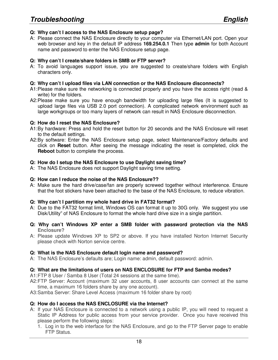 Lindy 42808 user manual Troubleshooting English, Why can’t I access to the NAS Enclosure setup page? 