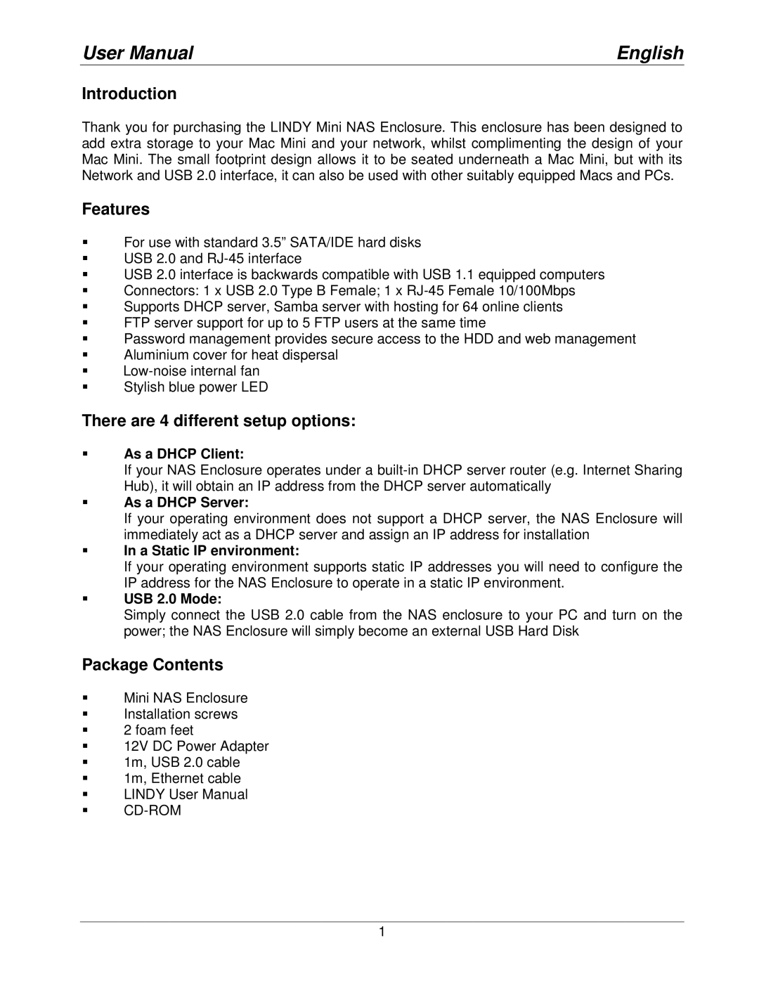 Lindy 42808 user manual English, Introduction, Features, There are 4 different setup options, Package Contents 