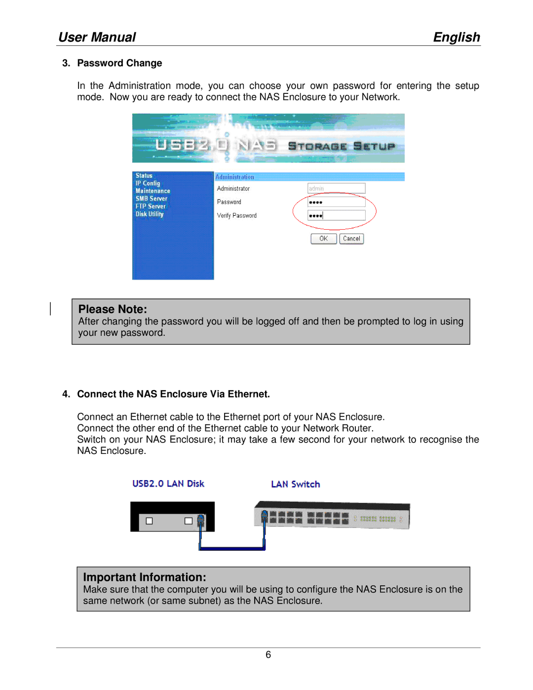 Lindy 42808 user manual Important Information, Password Change, Connect the NAS Enclosure Via Ethernet 