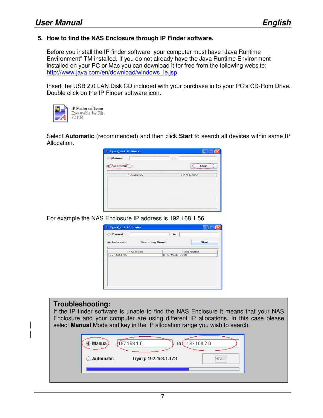 Lindy 42808 user manual Troubleshooting, How to find the NAS Enclosure through IP Finder software 