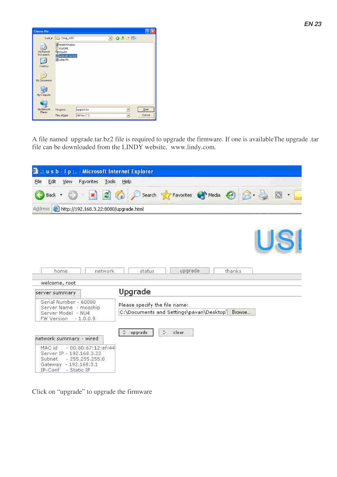 Lindy 42829 user manual Click on upgrade to upgrade the firmware 