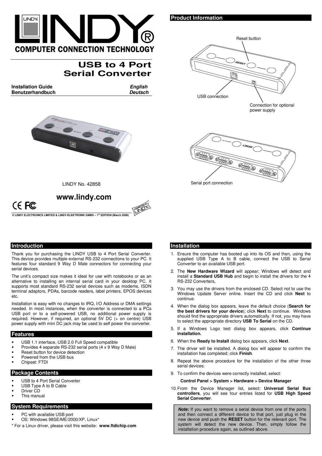 Lindy 42856 manual Introduction, Features, Package Contents, System Requirements, Product Information, Installation 