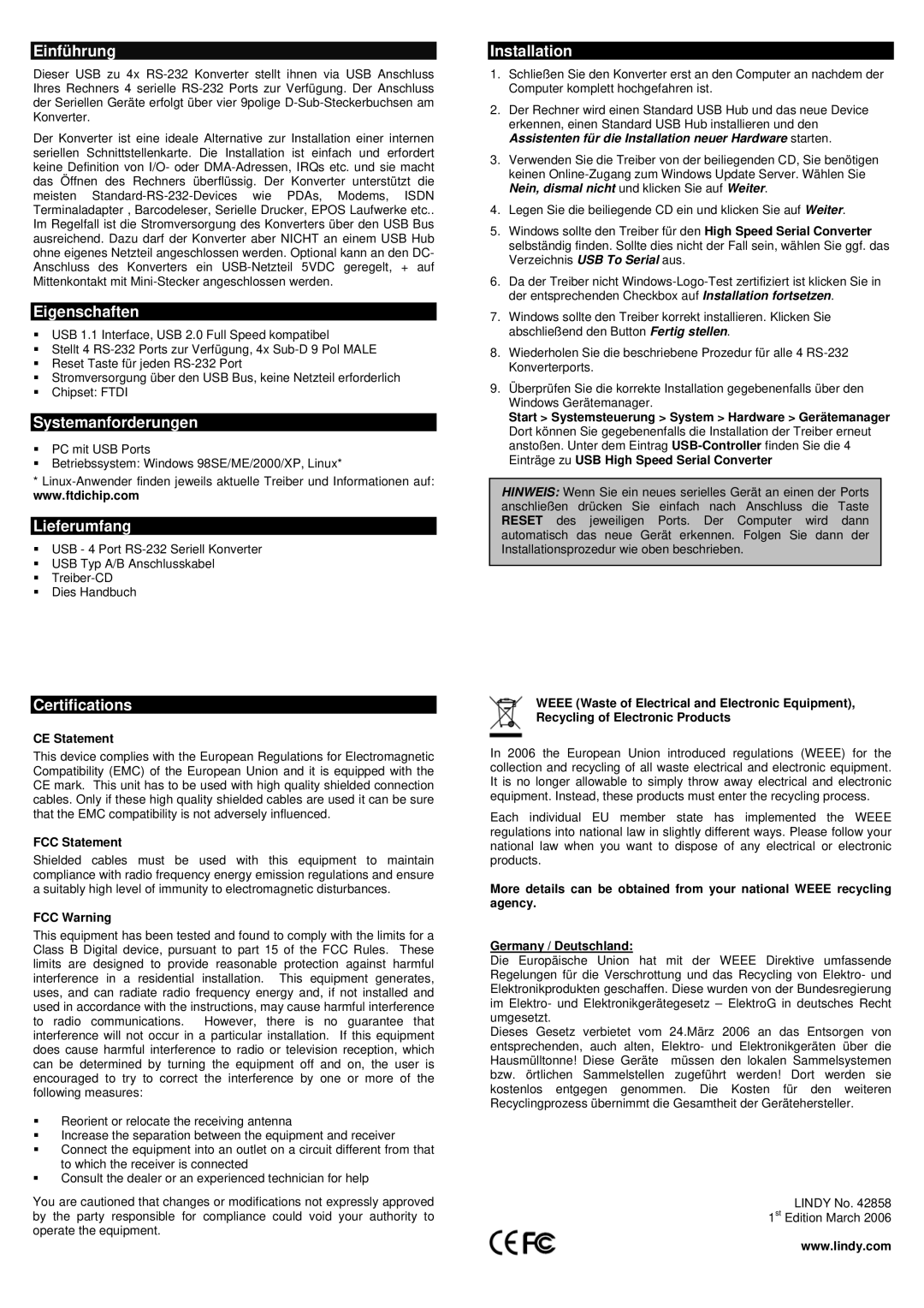 Lindy 42856 manual Einführung, Eigenschaften, Systemanforderungen, Lieferumfang, Certifications 