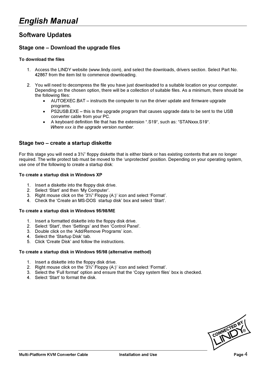 Lindy 42867 user manual Software Updates, Stage one Download the upgrade files, Stage two create a startup diskette 