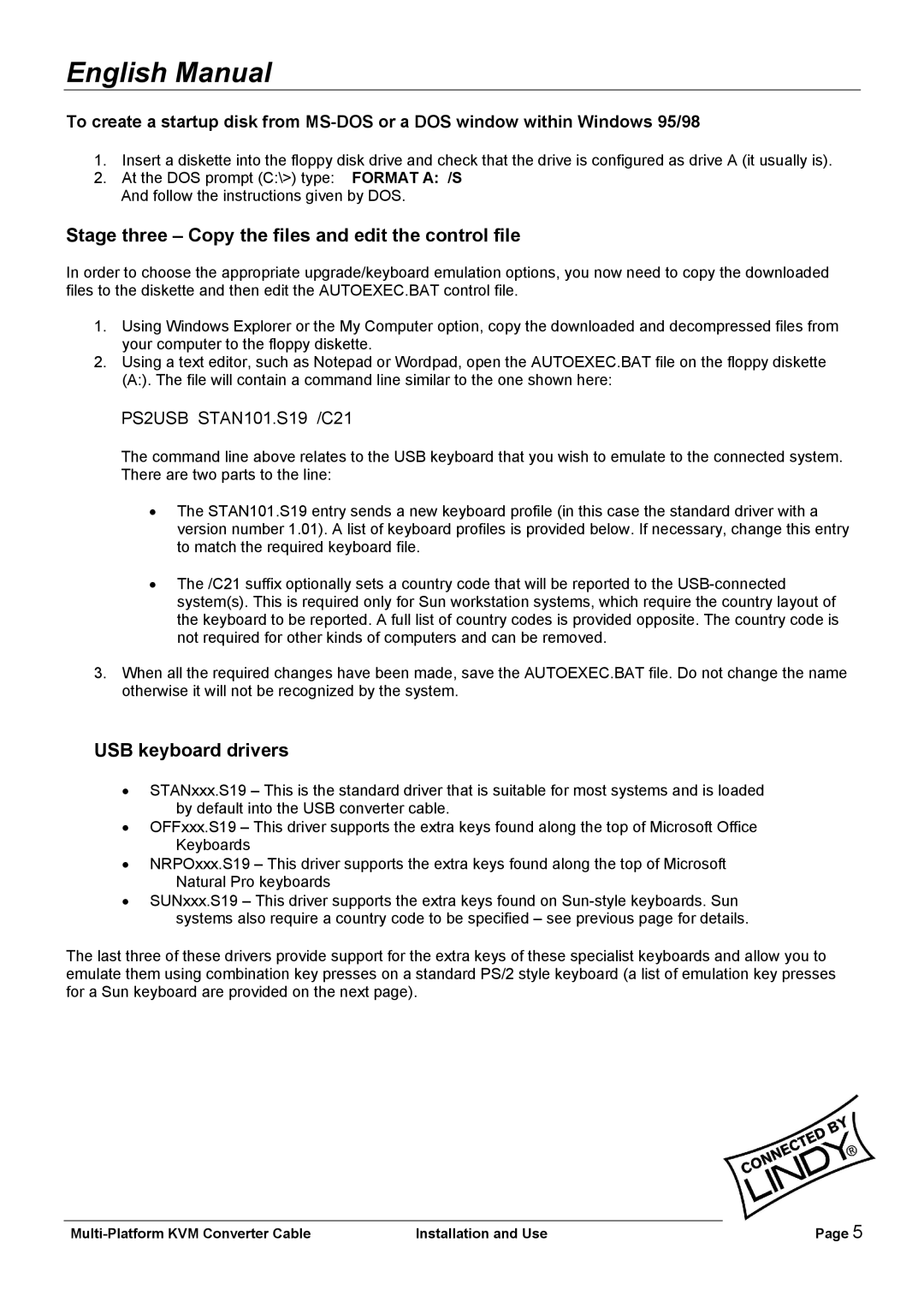Lindy 42867 user manual Stage three Copy the files and edit the control file, USB keyboard drivers 
