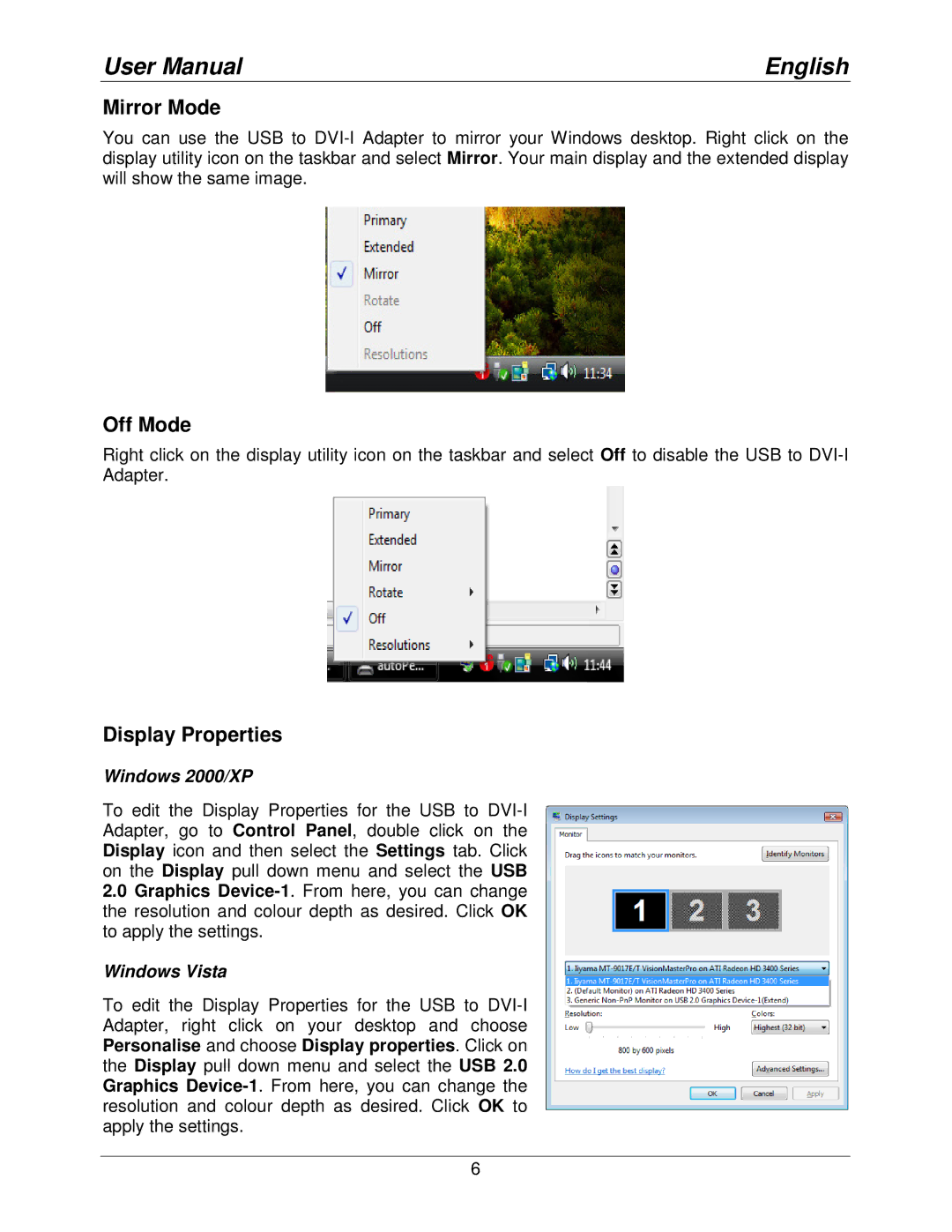 Lindy 42883 user manual Mirror Mode, Off Mode, Display Properties 