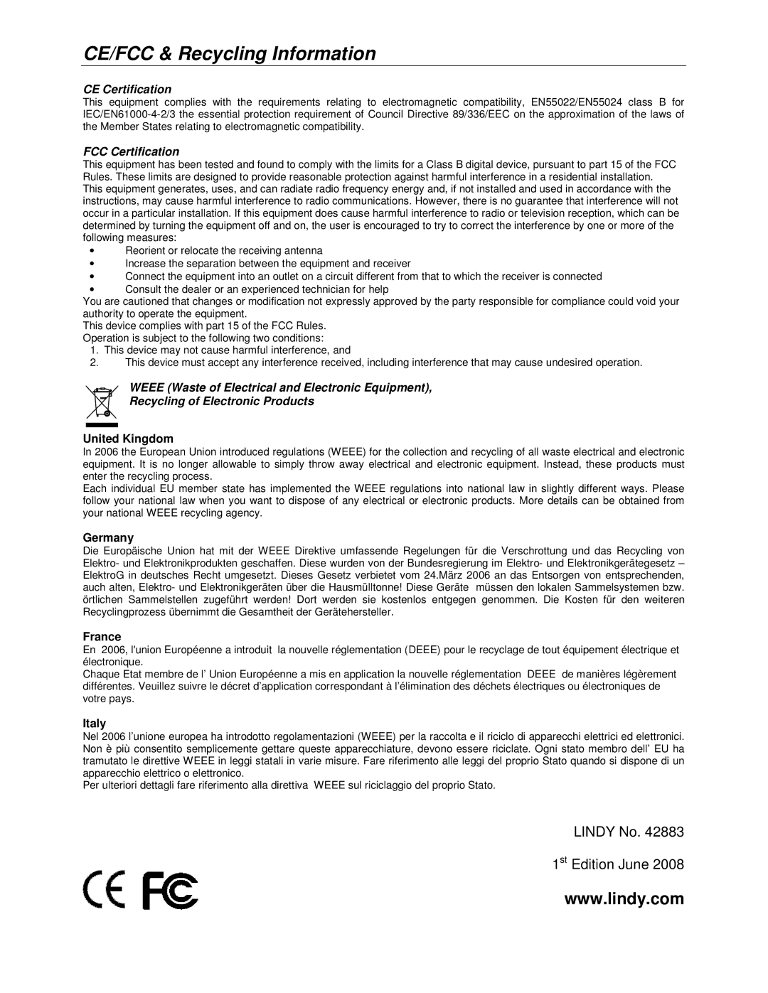 Lindy 42883 user manual CE/FCC & Recycling Information, CE Certification 