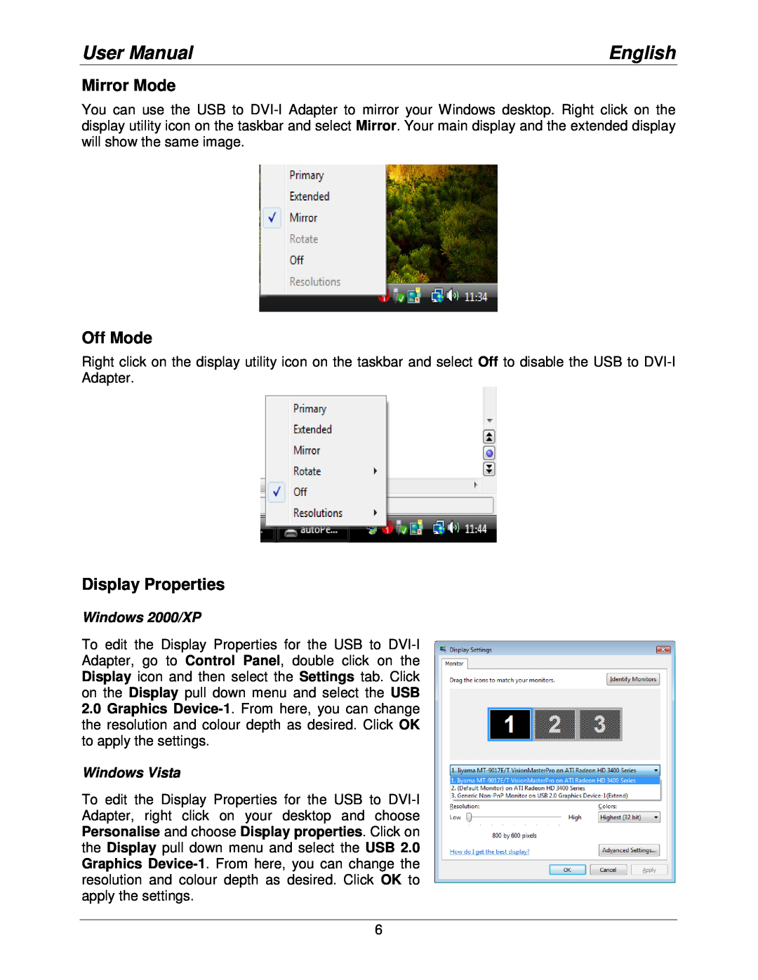 Lindy 42883 user manual Mirror Mode, Off Mode, Display Properties, Windows 2000/XP, Windows Vista, User Manual, English 