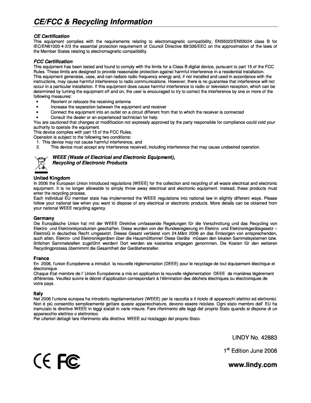 Lindy 42883 CE/FCC & Recycling Information, CE Certification, FCC Certification, Recycling of Electronic Products, Germany 