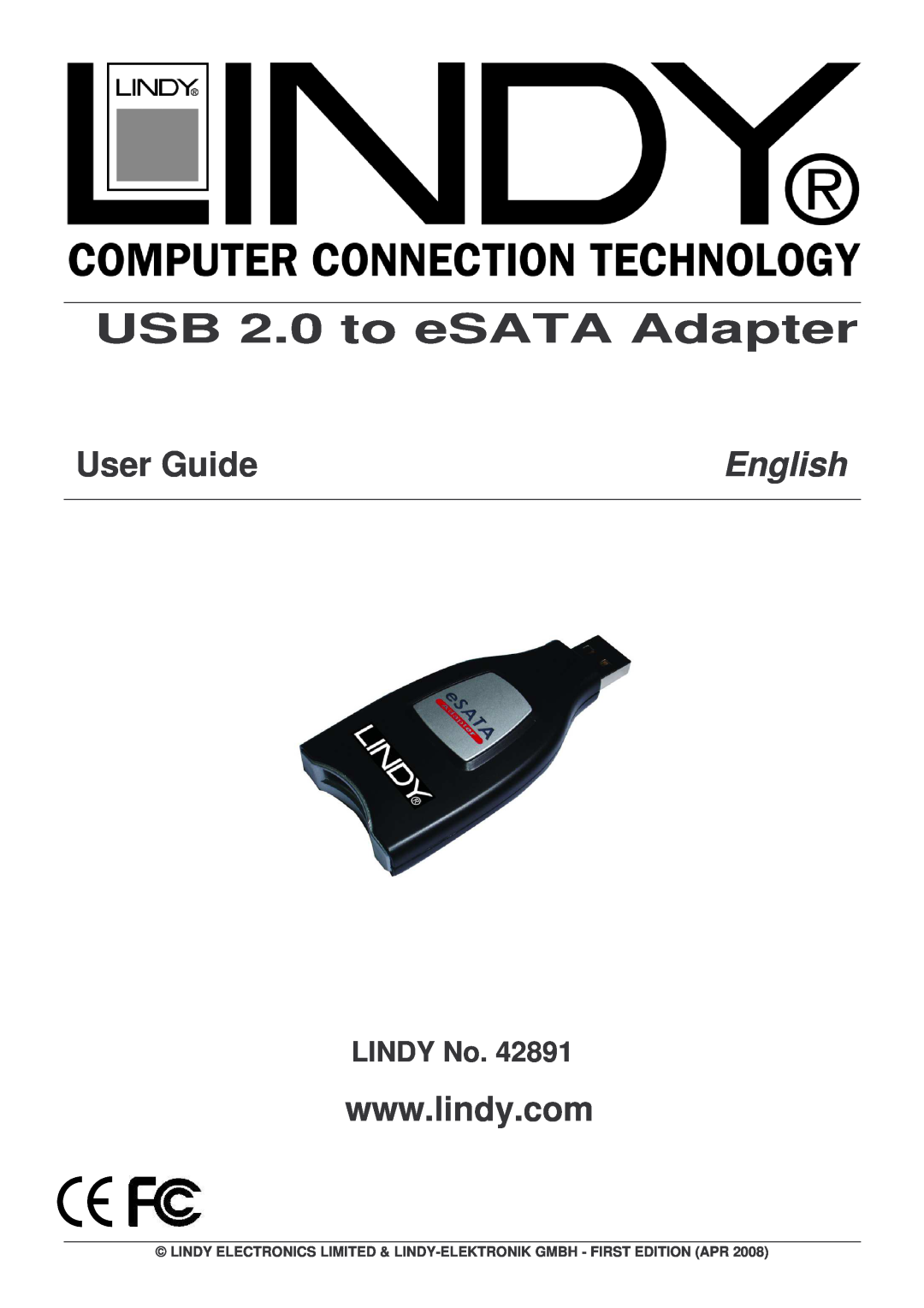 Lindy 42891 manual USB 2.0 to eSATA Adapter, User Guide, English, LINDY No 