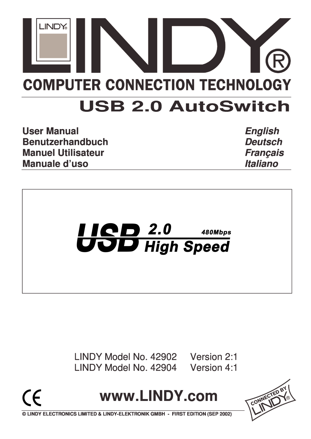 Lindy 42904 user manual English, Deutsch, Français, Italiano, USB 2.0 AutoSwitch, User Manual, Benutzerhandbuch, Version 