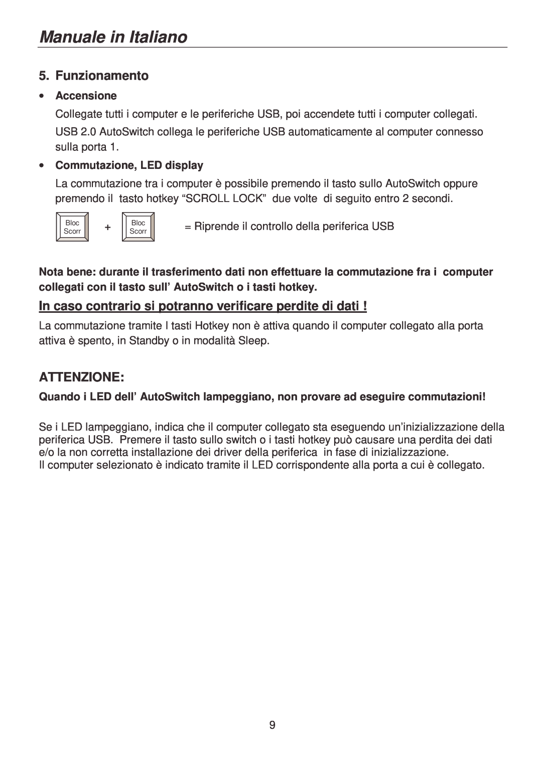 Lindy 42904 user manual Funzionamento, Attenzione, Accensione, Commutazione, LED display, Manuale in Italiano 