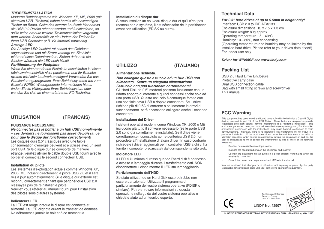 Lindy 42907 manual Utilisation Francais, Utilizzoitaliano 