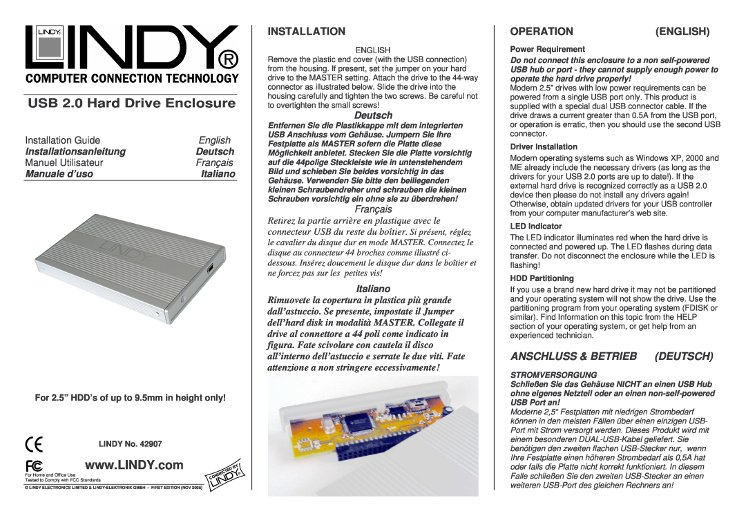Lindy 42907 manual Operationenglish, LINDY No, Power Requirement, Driver Installation, LED Indicator, HDD Partitioning 