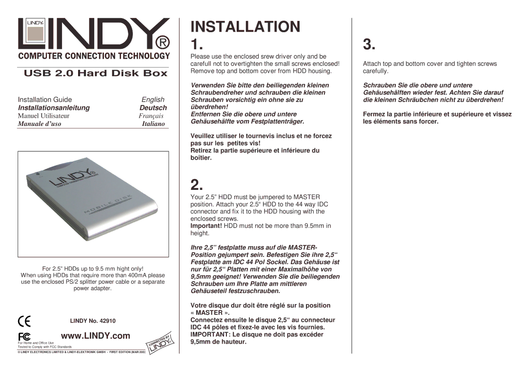 Lindy 42910 manual USB 2.0 Hard Disk Box, Lindy No 