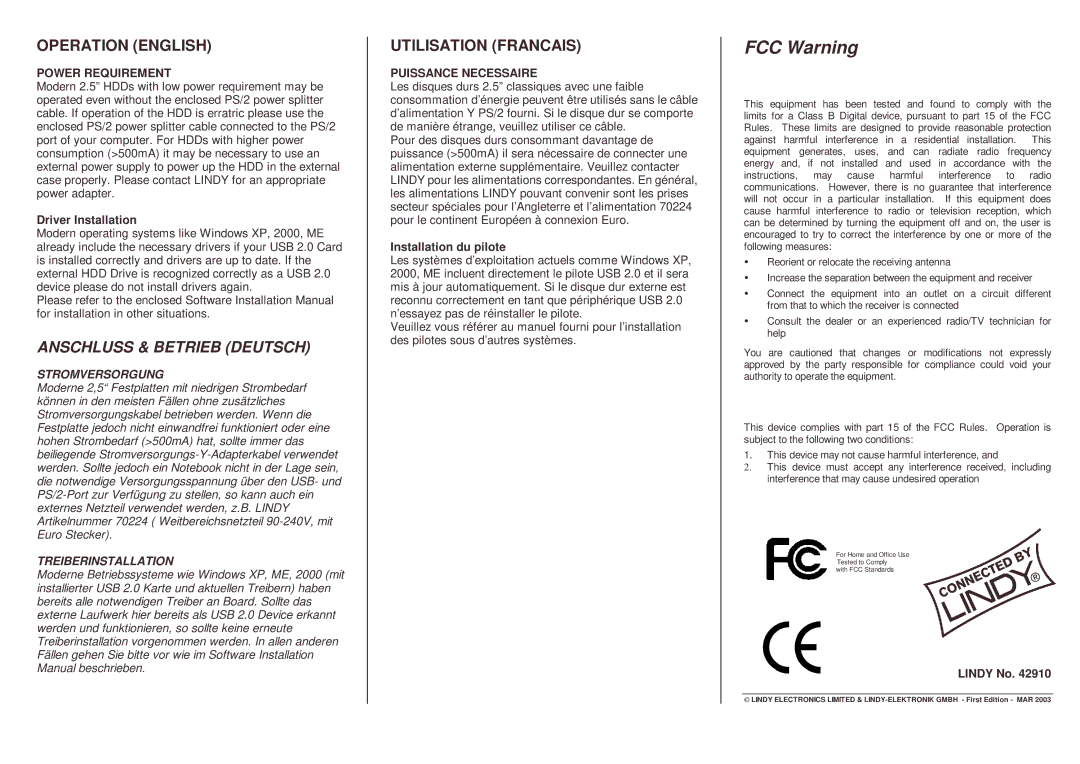 Lindy 42910 manual Operation English, Utilisation Francais, Stromversorgung, Treiberinstallation 