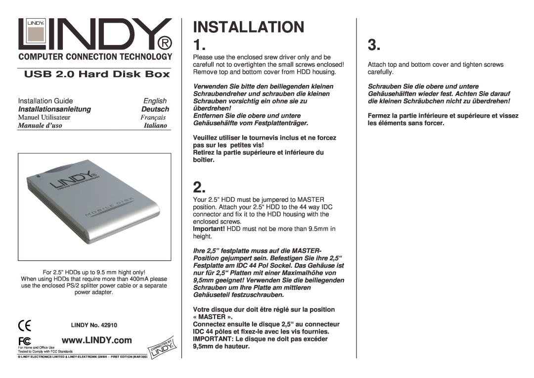 Lindy 42910 manual USB 2.0 Hard Disk Box, Installation Guide, English, Installationsanleitung, Deutsch, Français 