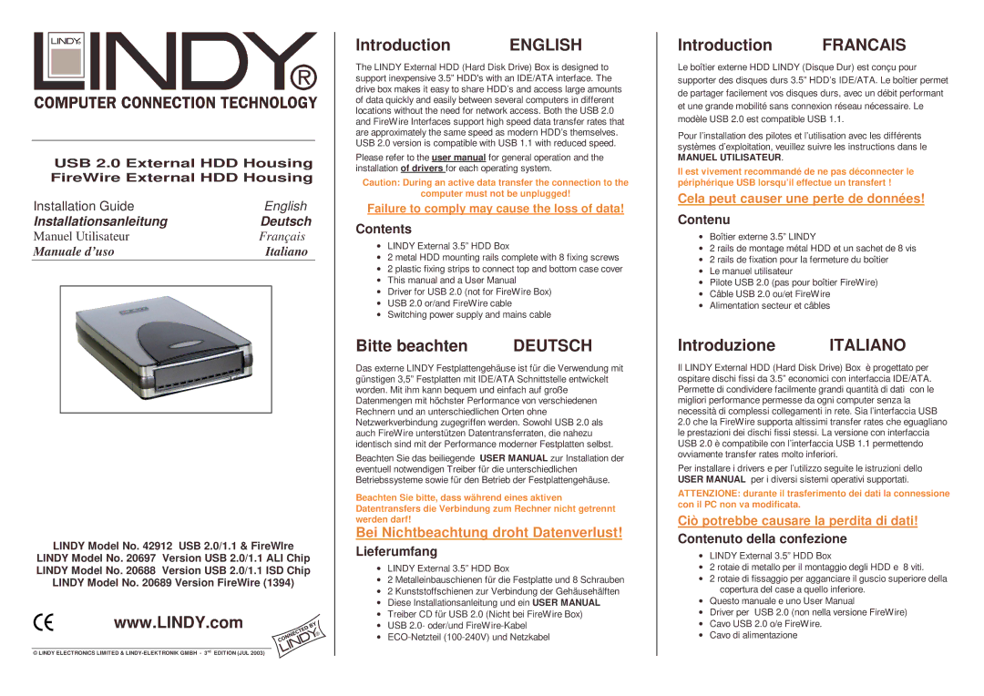 Lindy 20688, 42912, 20697 user manual Introduction English, Bitte beachten, Introduction Francais, Introduzione Italiano 