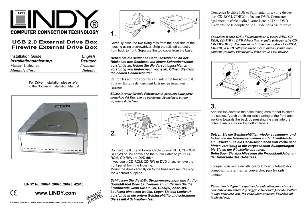 Lindy 20694, 42913, 20698, 20695 installation manual USB 2.0 External Drive Box Firewire External Drive Box 