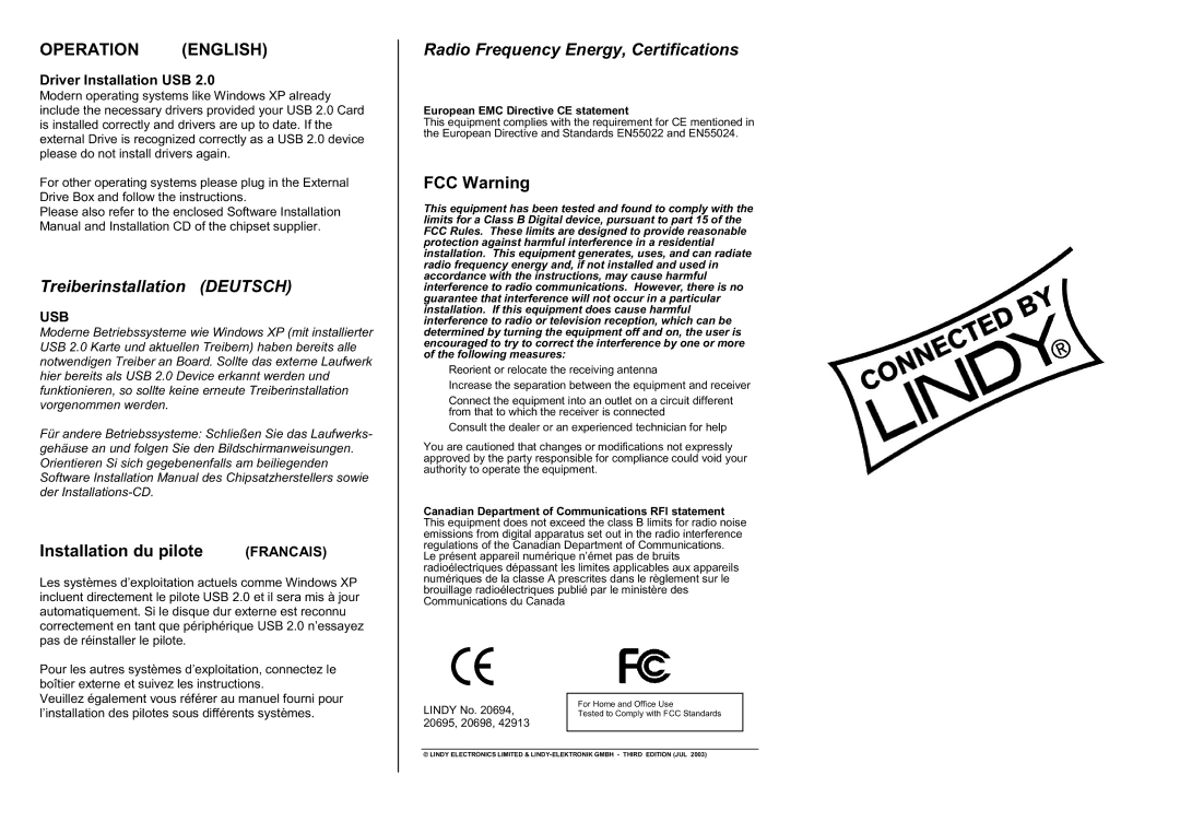 Lindy 20698 Treiberinstallation Deutsch, Installation du pilote, Radio Frequency Energy, Certifications, FCC Warning 