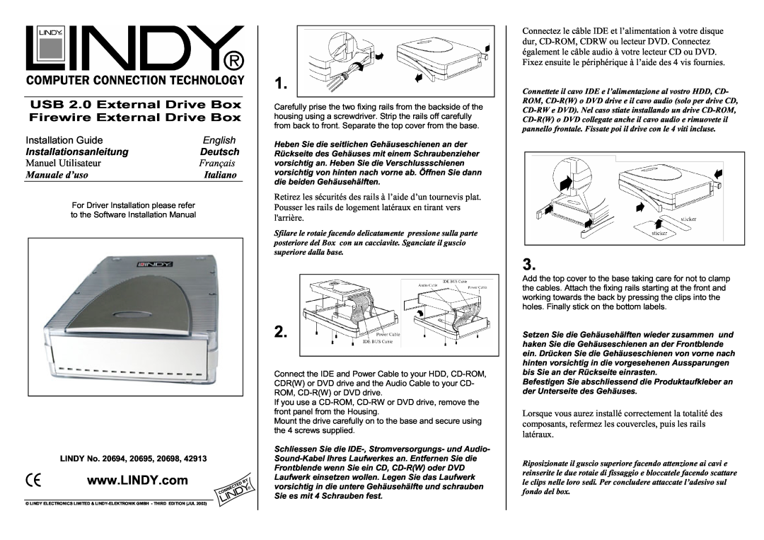 Lindy 20694, 42913 installation manual USB 2.0 External Drive Box Firewire External Drive Box, Installation Guide, English 