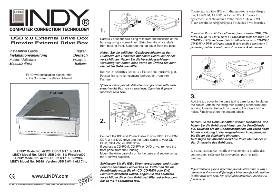 Lindy 42926 installation manual USB 2.0 External Drive Box Firewire External Drive Box 