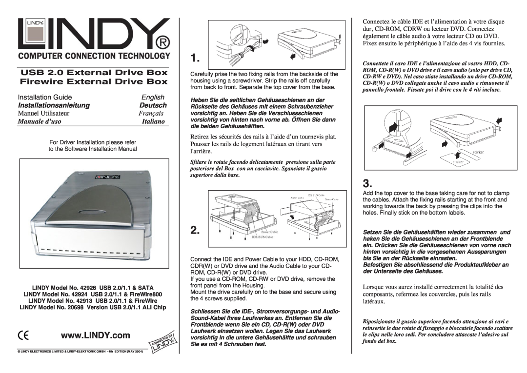 Lindy 42926 installation manual USB 2.0 External Drive Box Firewire External Drive Box, Installation Guide, English 