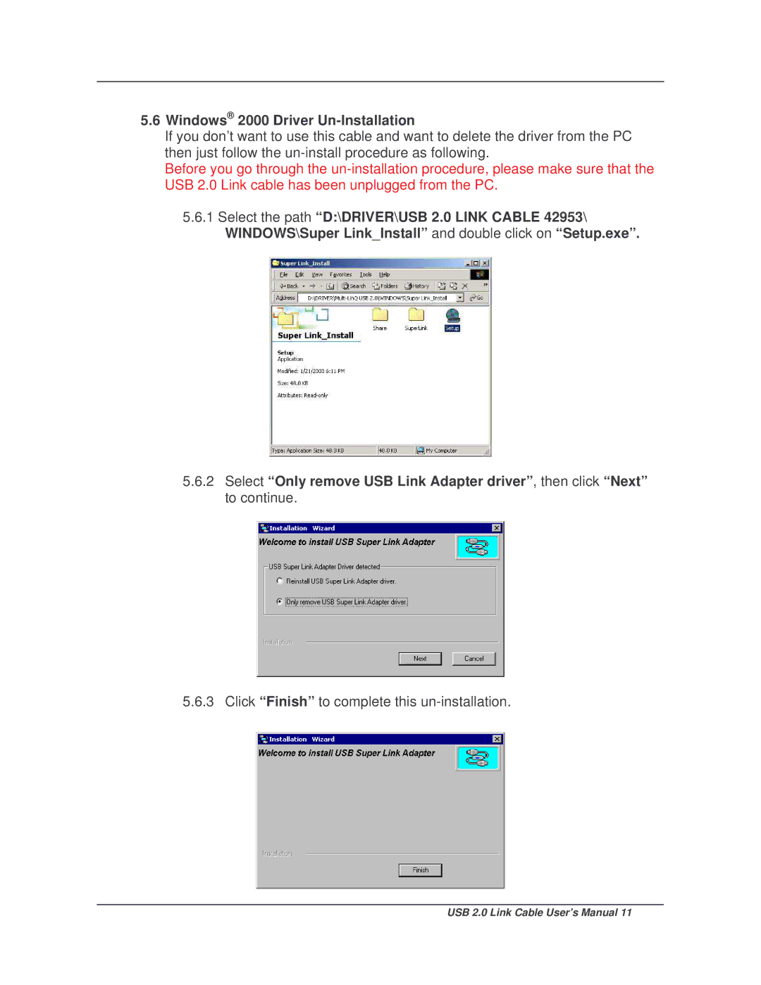 Lindy 42953 user manual Windows 2000 Driver Un-Installation 