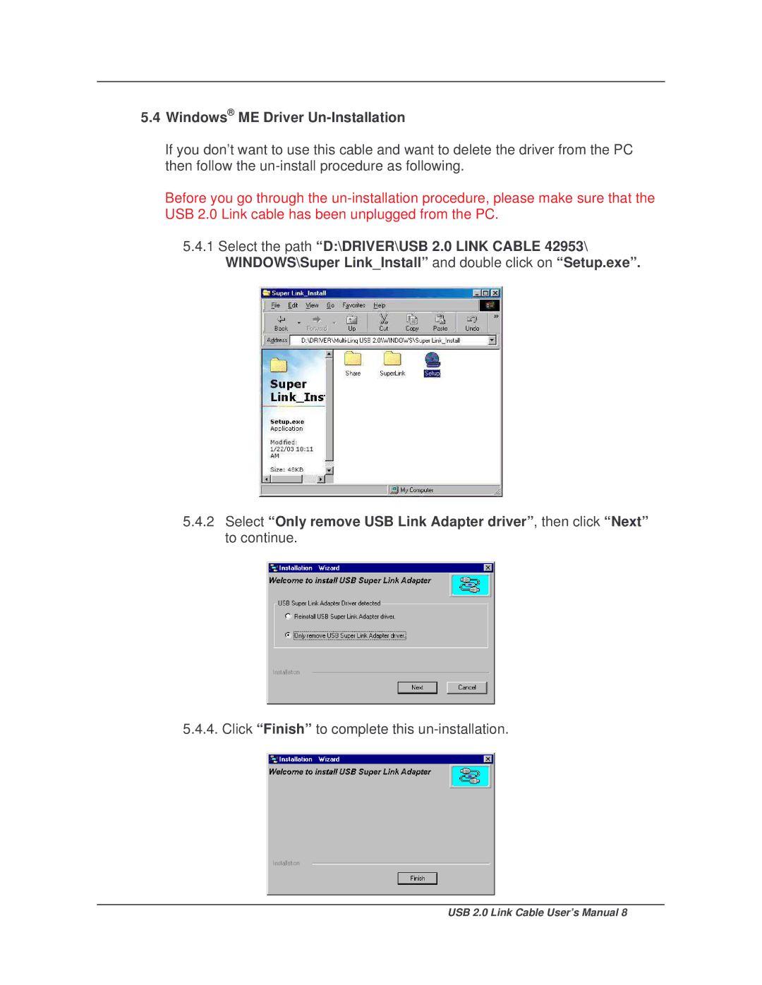 Lindy 42953 user manual Windows ME Driver Un-Installation 