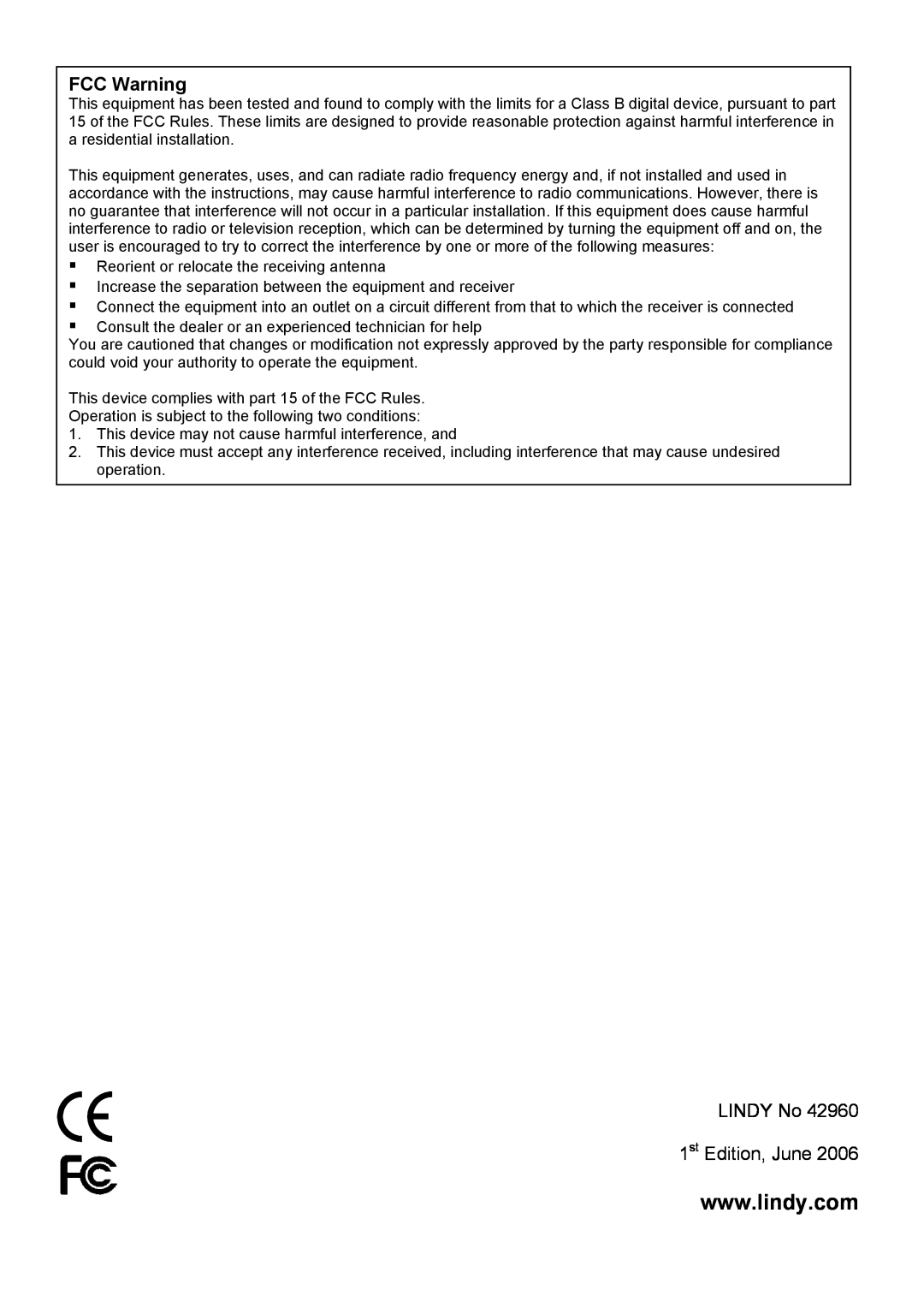 Lindy 42960 user manual FCC Warning, LINDY No 1st Edition, June 