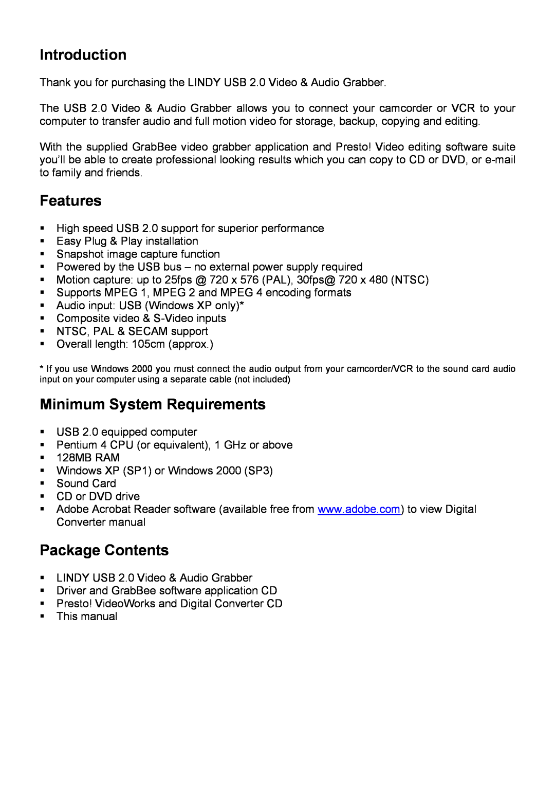 Lindy 42960 user manual Introduction, Features, Minimum System Requirements, Package Contents 