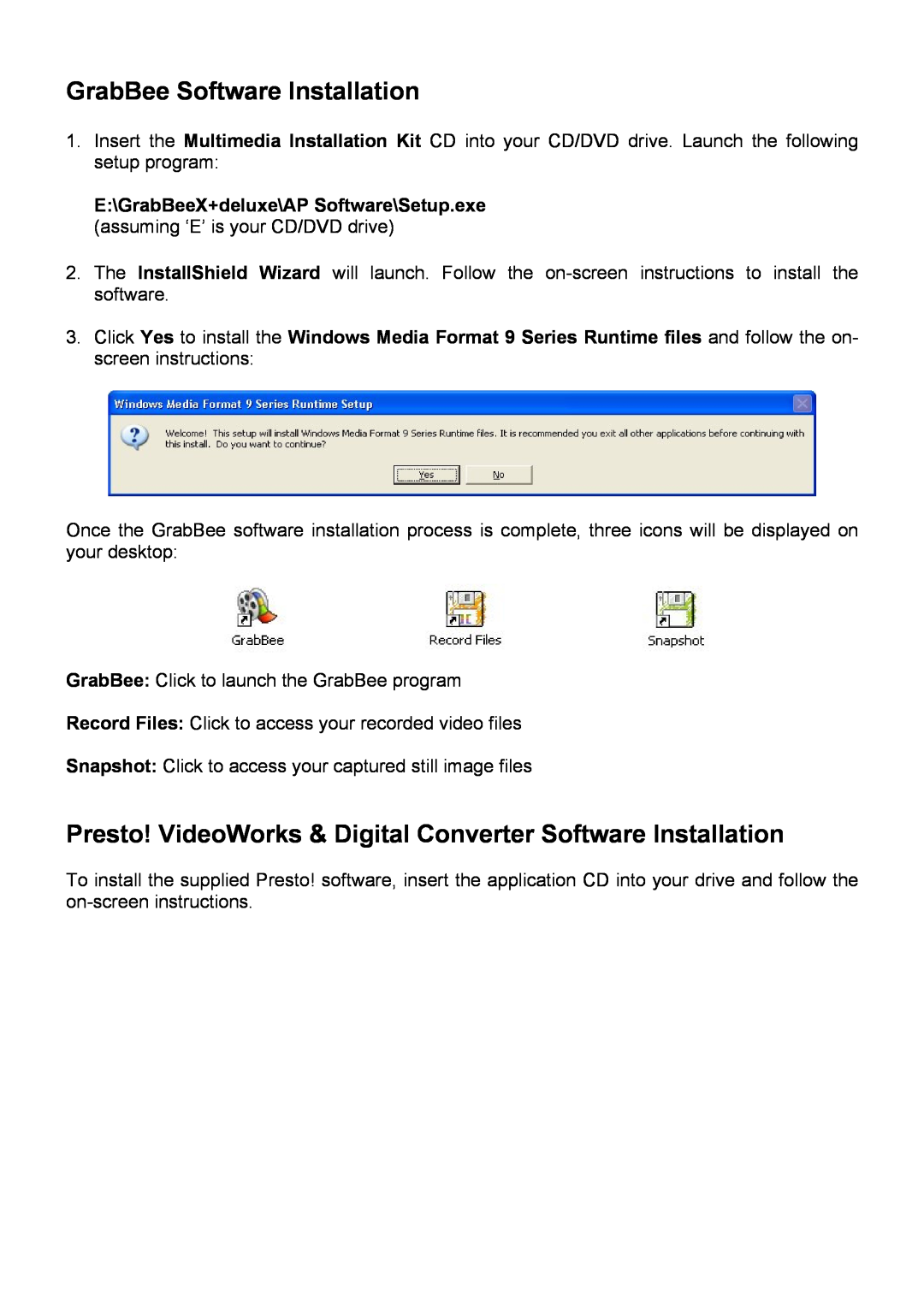 Lindy 42960 user manual GrabBee Software Installation, Presto! VideoWorks & Digital Converter Software Installation 