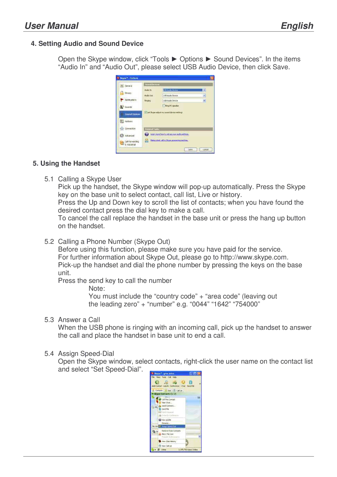 Lindy 42980 user manual Setting Audio and Sound Device, Using the Handset 