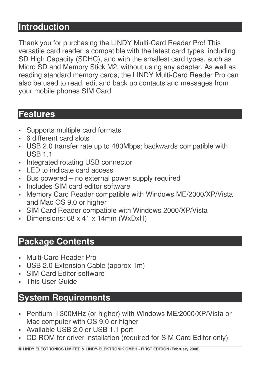 Lindy 42982V0 user manual Introduction, Features, Package Contents, System Requirements 